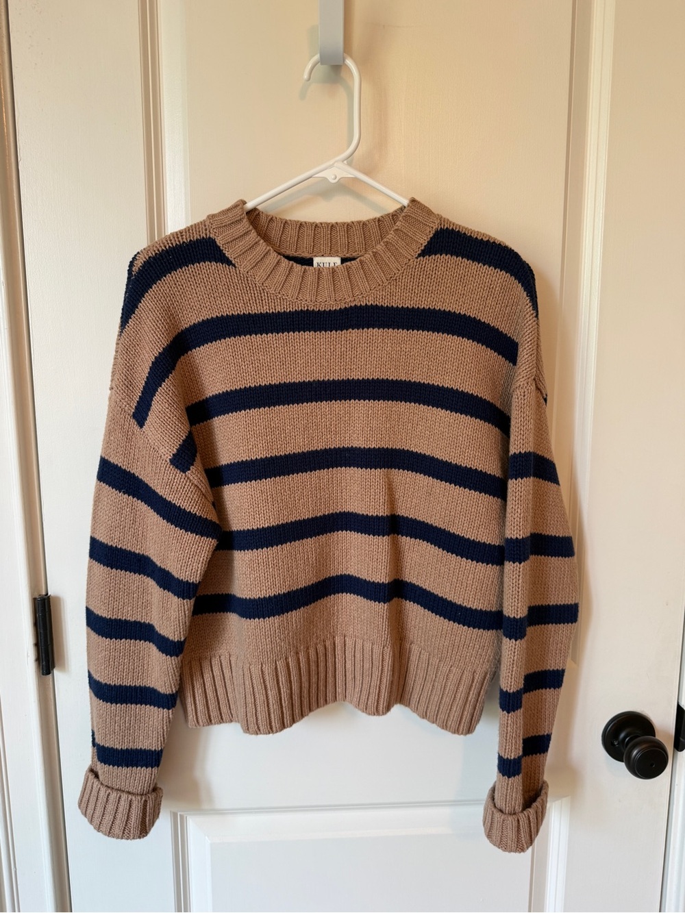 KULE Tan & Navy Striped Crewneck Sweater